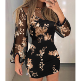 Long Sleeved Solid Color Bead Embroidered Bubble Sleeve Dress