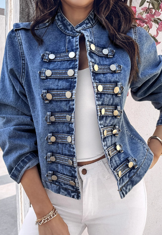 Solid Color Temperament Elegant Button Up Long Sleeved Denim Jacket