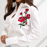 Solid Color White Embroidered Rose Design Shirt