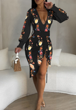 V-Neck Printed Long Sleeved Slit Dress