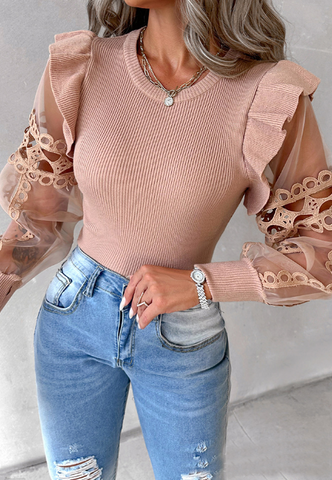 Long Sleeved Fashion Women'S Lace Splicing Tops