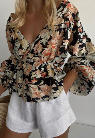 Temperament V-Neck Printed Long Sleeved Shirt