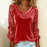 Solid Color Fashion Sequin Spliced Long Sleeved T-Shirt Top