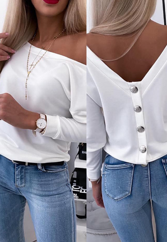 Women'S White Backless Casual Long Sleeved Top