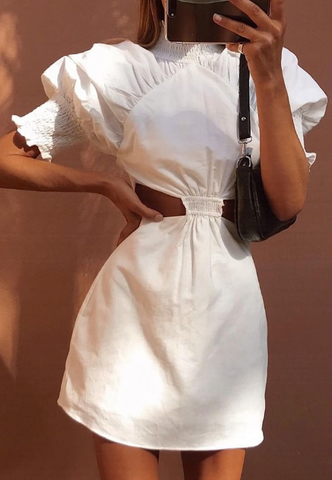 White Bubble Sleeve Backless Dress