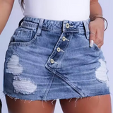 Sexy Button Patched Irregular Denim Skirt