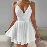 V-Neck Women'S White Sling Sleeveless Dress