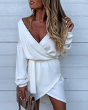 White Long Sleeved V-Neck Off Shoulder Wrapped Dress