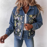 Embroidered Floral Lace Patchwork Blue Denim Jacket