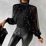 High Neck Chiffon Splicing Tight Black Top