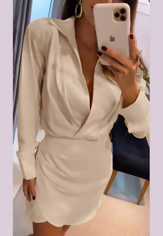 Fashion Solid Color V-Neck Long Sleeved Dress