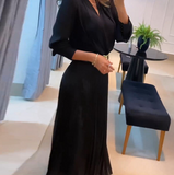 Elegant Black Long Sleeved Deep V-Neck Dress