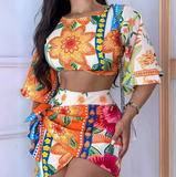 Irregular Floral Print Backless Casual Two Piece Set