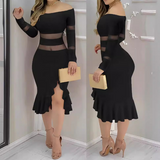 Long Sleeved Mesh Splicing One Shoulder Dress