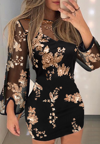 Long Sleeved Solid Color Bead Embroidered Bubble Sleeve Dress