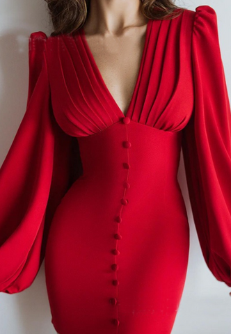 Women'S Solid Color V-Neck Button Splicing Slim Dress