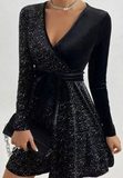 Fashion Elegant Long Sleeved V-Neck Sequined Dress