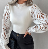 Solid Color Lace Long Sleeve Splicing Tops