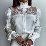 White High Collar Lace Stitching Long Sleeved Shirt