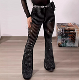 Black Sexy Mesh Rhinestone Design High Waisted Tight Flared Pants