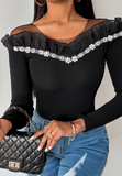 Long Sleeved Fashion Nail Bead Lace T-Shirt