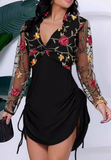 V-Neck Embroidery Splicing Long Sleeved Dress