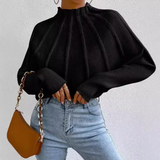 High Neck Solid Color Long Sleeved Knitted Bat Sleeve Sweater