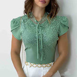 Women'S Green Lace Casual Short Sleeve Top