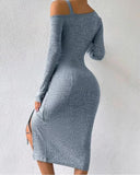 Women's Grey Off Shoulder Long Sleeve Dress