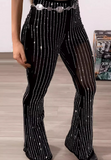 Black Sexy Mesh Rhinestone Design High Waisted Tight Flared Pants