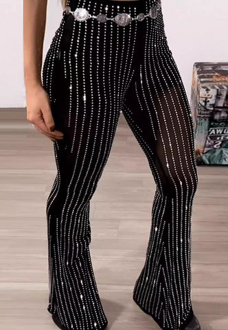 Black Sexy Mesh Rhinestone Design High Waisted Tight Flared Pants