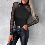 Solid Color Mesh Splicing Long Sleeved Tops