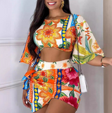 Irregular Floral Print Backless Casual Two Piece Set