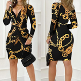 V-Neck Sexy Chain Kink Long Sleeved Dress