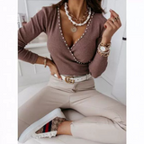 Solid Color Women'S V-Neck Knitted Long Sleeved Top