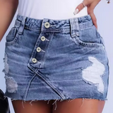 Sexy Button Patched Irregular Denim Skirt