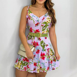 V-Neck White Floral Print Sling Dress