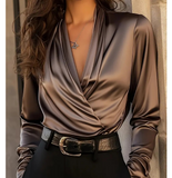 Solid Color V-Neck Fashion Elegant Long Sleeved Top T-Shirt