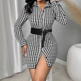 Fashion Thousand Bird Grid Tight Long Sleeve Dress