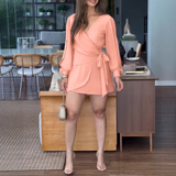 Solid Color V-Neck Backless Long Sleeve Dress
