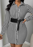 Fashion Thousand Bird Grid Tight Long Sleeve Dress