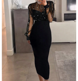 Women'S Fashion Mesh Nail Bead Long Sleeved Hip Hugging Dress