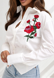 Solid Color White Embroidered Rose Design Shirt