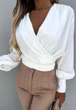 V-Neck Solid Color Long Sleeved White Top