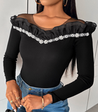 Long Sleeved Fashion Nail Bead Lace T-Shirt