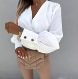 V-Neck Solid Color Long Sleeved White Top