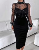 Women'S Fashion Mesh Nail Bead Long Sleeved Hip Hugging Dress