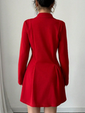 Women'S Button Red V-Neck Long Sleeved Dress