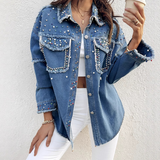 Women Nail Bead Contrasting Denim Long Sleeved Jacket