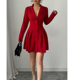 Women'S Button Red V-Neck Long Sleeved Dress